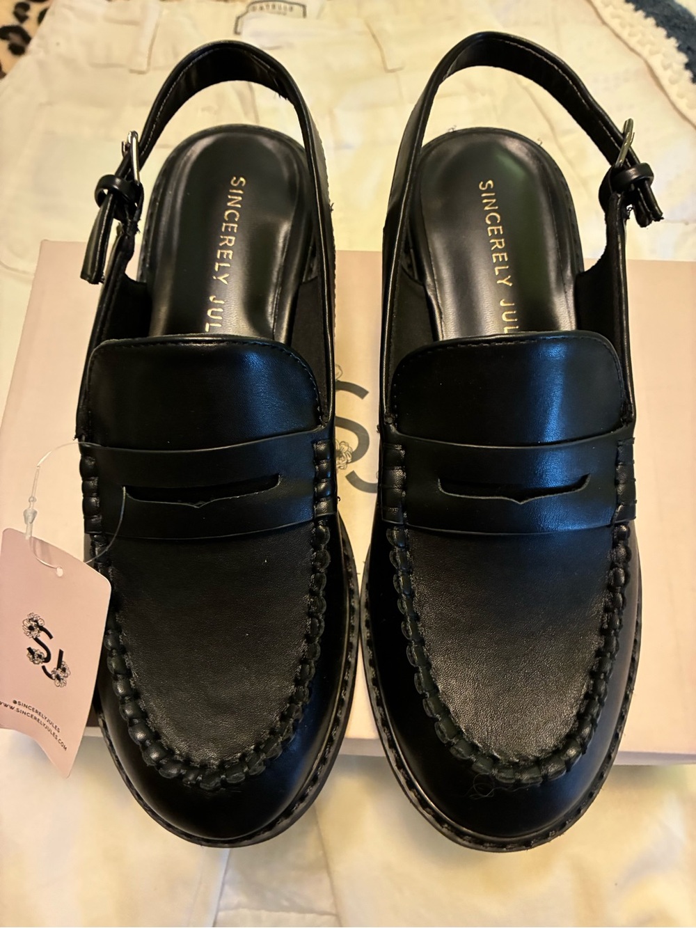 Sincerly Jules Black Leather Slingback Penny Loafers